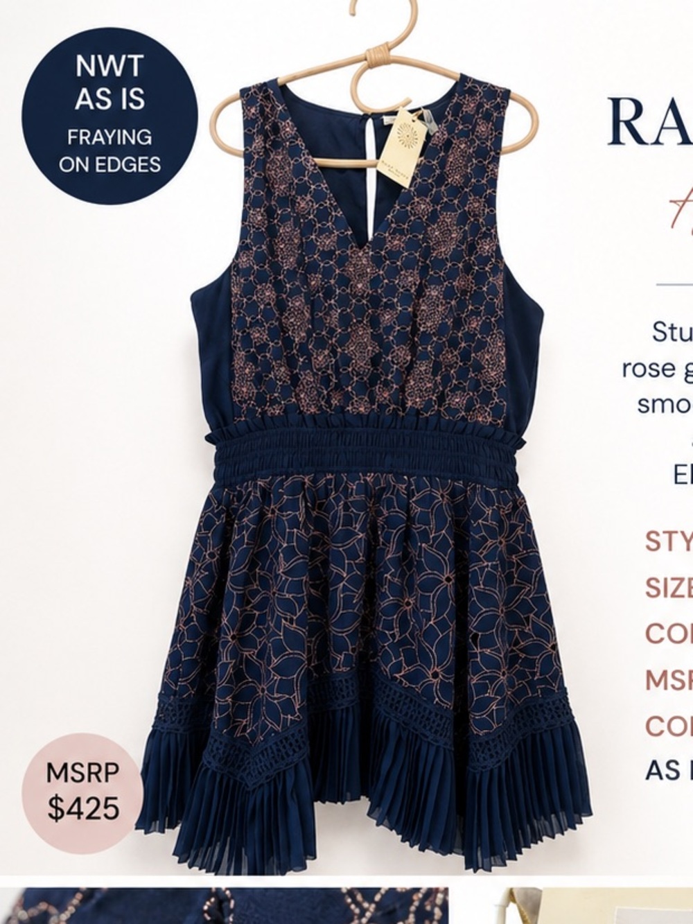 Ramy Brook Hope Dress M Navy Rose Gold Metallic Pleated Hem Cocktail Dress NEW